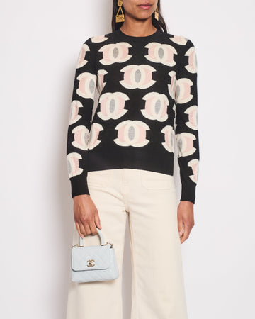 Pearl Street Bags Chanel Black and Pink Cashmere Knitted Jumper with CC Logo and Heart Crystal Buttons Size FR 34 (UK 6)