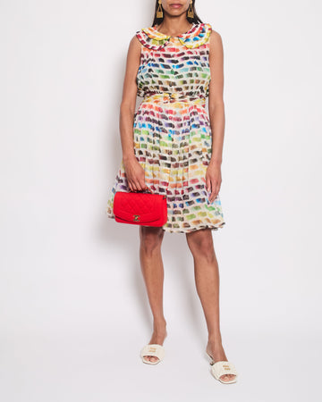 Pearl Street Bags Chanel 2014 Runway Multicolour Pleated Sleeveless Dress with Pleated Collar and Belt Detail Size FR 36 (UK 8)