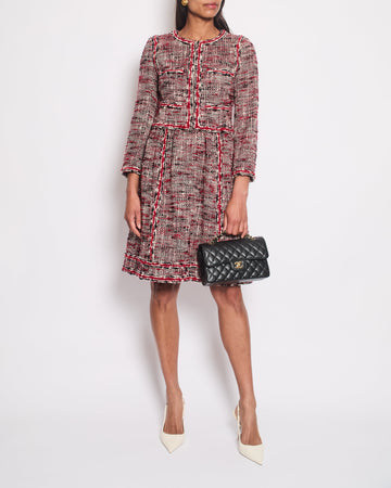 *HOT* Pearl Street Bags Chanel Red, White & Black Tweed Wool Long Sleeve Midi Dress with Pocket Detail Size FR 38 (UK 10)