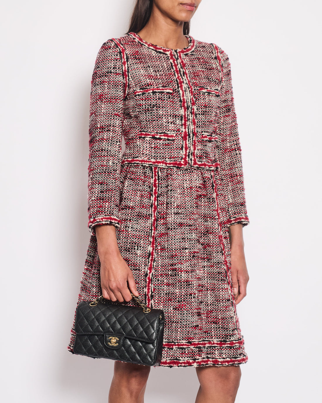 *HOT* Pearl Street Bags Chanel Red, White & Black Tweed Wool Long Sleeve Midi Dress with Pocket Detail Size FR 38 (UK 10)