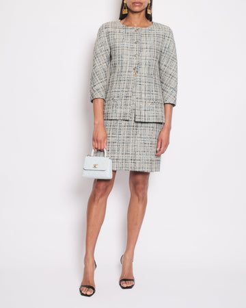 Pearl Street Bags Chanel Grey and Blue Striped Tweed Jacket & Skirt Set with CC Logo Button Details Size FR 36 (UK 8)