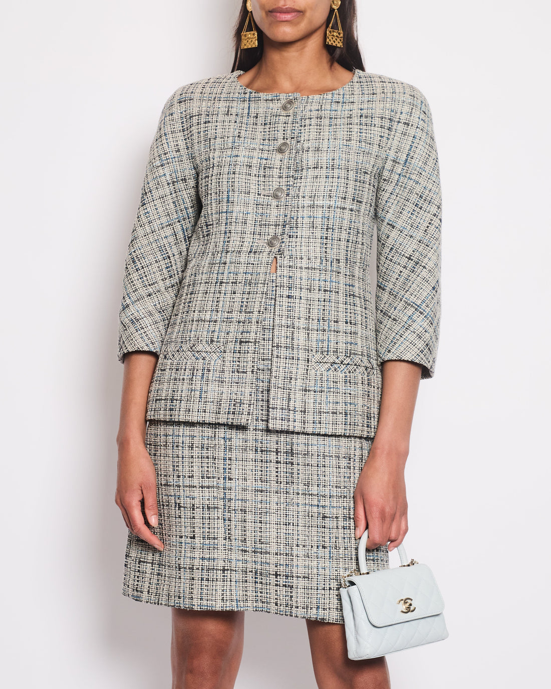 Pearl Street Bags Chanel Grey and Blue Striped Tweed Jacket & Skirt Set with CC Logo Button Details Size FR 36 (UK 8)