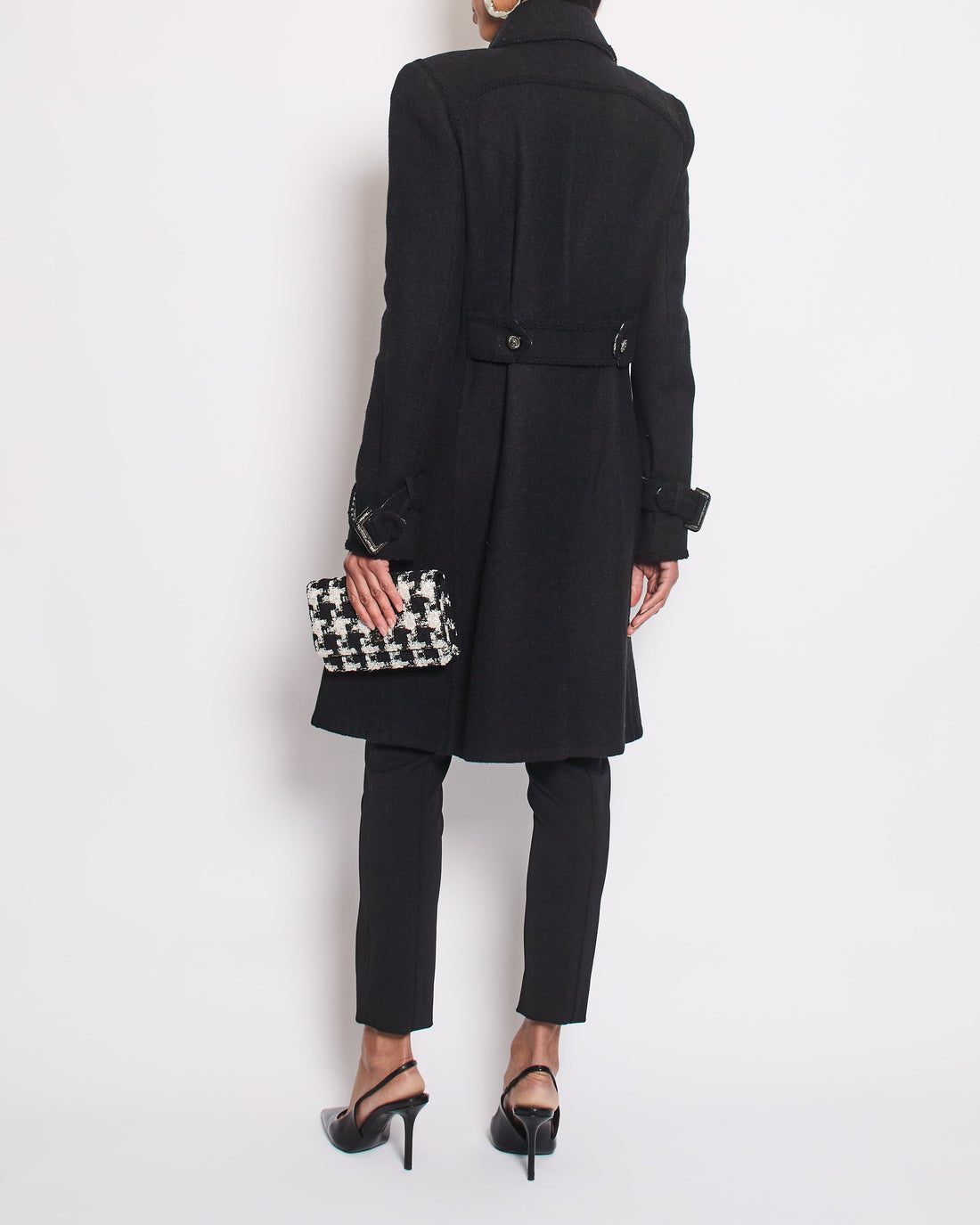Pearl Street Bags Chanel Black Double Breasted Coat with Houndstooth Print and CC Button Detail Size FR 40 (UK 12)