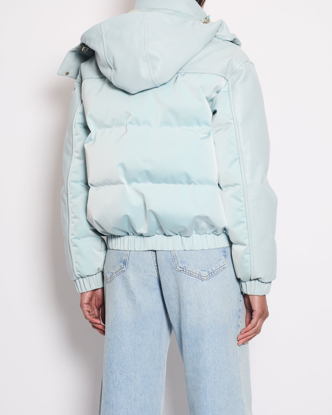 *HOT* Pearl Street Bags Chanel Baby Blue Leather Puffer Jacket with Four Quilted Pockets, Hood and Gold CC Logo Button Details Size FR 36 (UK 8)