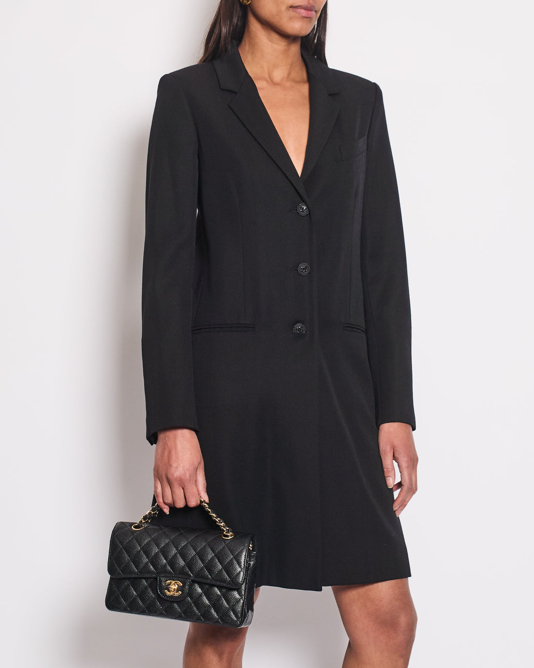 *HOT* Pearl Street Bags Chanel 12C Black Long Line Jacket with Black CC Buttons & Silver Interior Detail FR 34 (UK 6)
