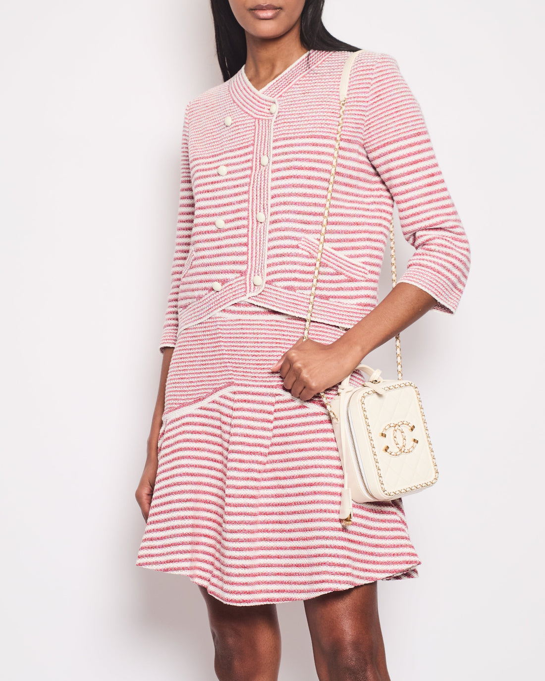 Pearl Street Bags Chanel Pink, White Stripe Knitted igan and Skirt Set with Ivory Button Detail Size FR 38/40 UK 10/12