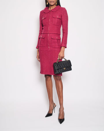 Pearl Street Bags Chanel Pink Metallic Tweed Jacket and Midi Skirt Set with Pocket Detail Size FR 34 (UK 6)