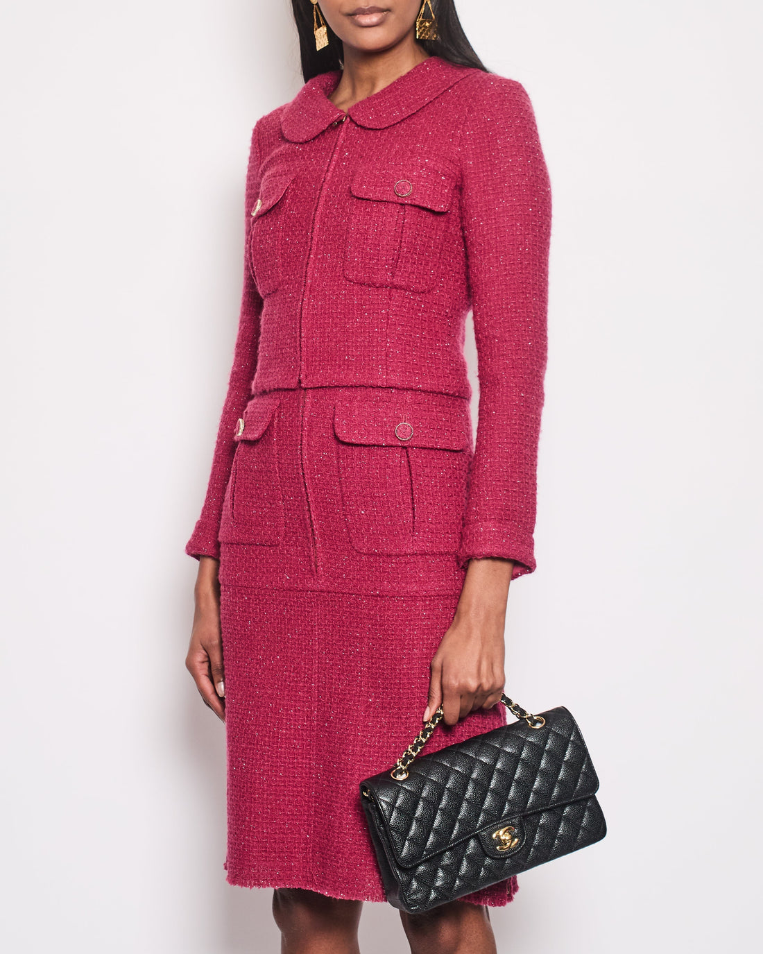 Pearl Street Bags Chanel Pink Metallic Tweed Jacket and Midi Skirt Set with Pocket Detail Size FR 34 (UK 6)