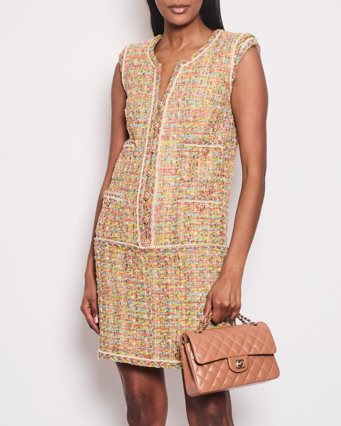 Pearl Street Bags Chanel Yellow, Coral, Blue Metallic Tweed Sleeveless Midi Dress Pocket, Flower Button Detail Size FR 38 (UK 10)