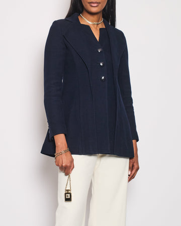 Pearl Street Bags Chanel Navy Tweed Long-Sleeve Double Collared Jacket with CC Buttons Size FR 34 (UK 6)