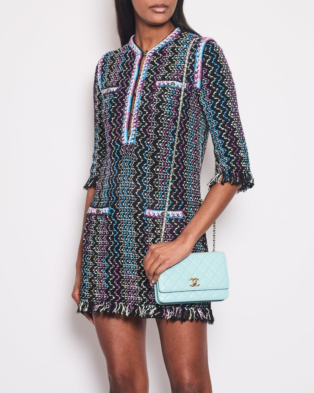 Pearl Street Bags Chanel Black, Turquoise & Purple Zig Zag Dress with Frayed Edge Size FR 34 (UK 6)