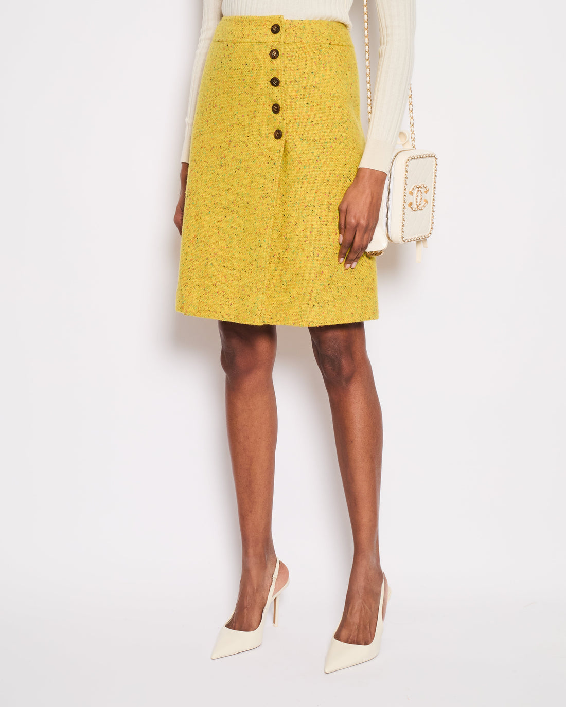 Pearl Street Bags Chanel Yellow Tweed Midi Skirt with Wooden CC Logo Detail Button Size FR 38 (UK 10)