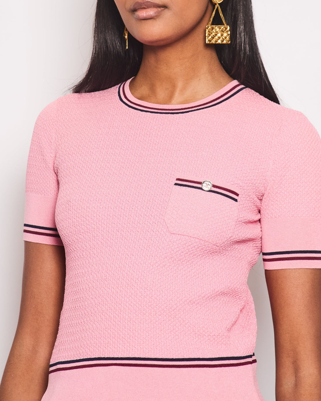Pearl Street Bags Chanel Pink Knitted T-Shirt with Navy, Burgundy Stripe Detail CC Button Size FR 34 (UK 6)