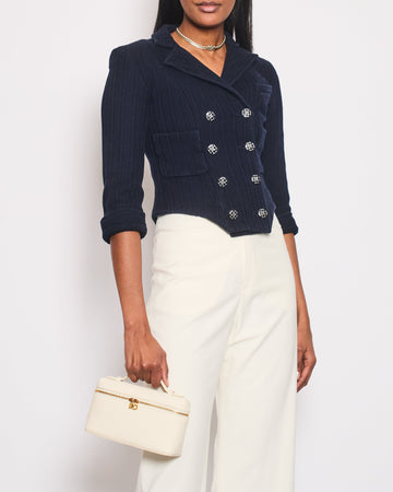 Pearl Street Bags Chanel Navy Tweed Cropped Sleeve Jacket with Black, Silver Check Round CC Logo Buttons Size FR 34 (UK 6)