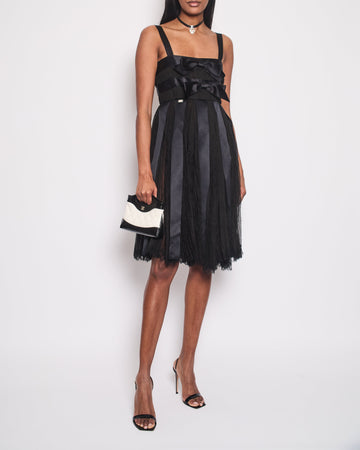 Pearl Street Bags Chanel Black Pleated Lace Sleeveless Midi Dress with Navy Silk Bow Details Size FR 38 (UK 10)