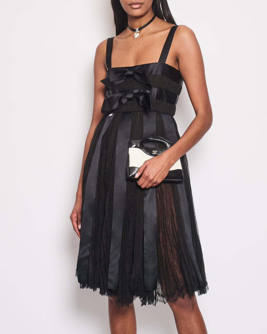 Pearl Street Bags Chanel Black Pleated Lace Sleeveless Midi Dress with Navy Silk Bow Details Size FR 38 (UK 10)
