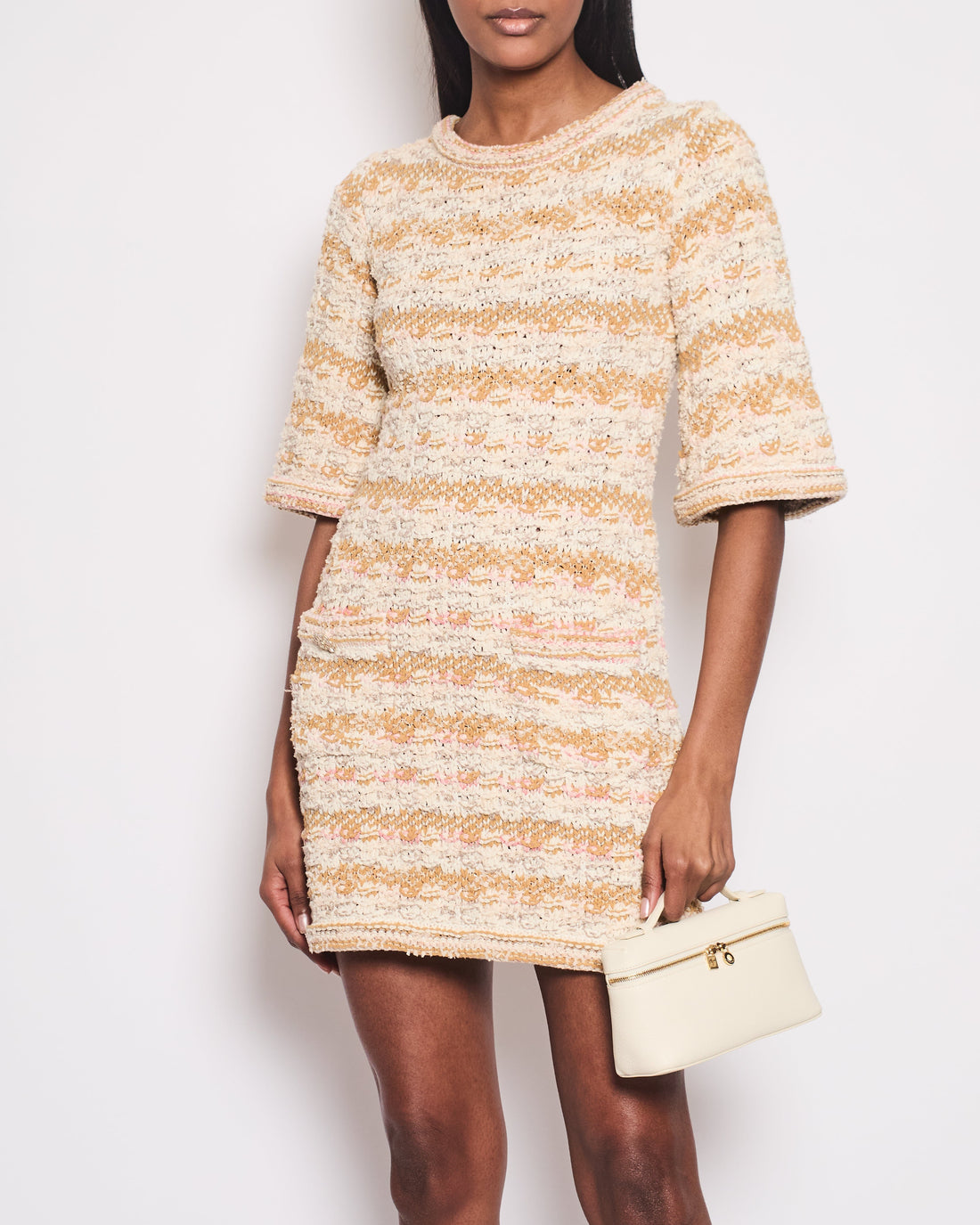 Pearl Street Bags Chanel 15A Ivory, Cream & Pink Tweed Dress with 3/4 Sleeves & Crystal Camelia Buttons Detail Set Size FR 34 (UK 6)