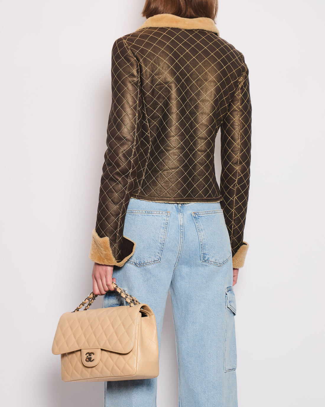 Pearl Street Bags Chanel Brown Quilted Stitch Shearling Zip -Up Jacket With Double Collar Detail FR 36 (UK 8)