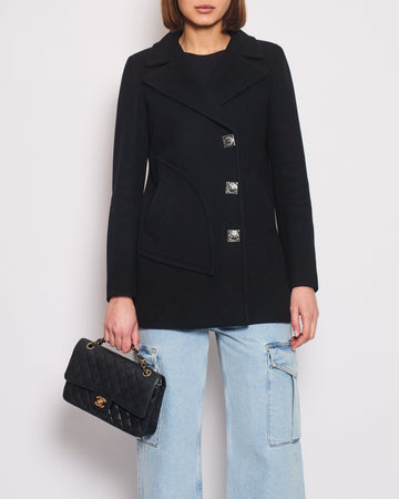 Pearl Street Bags Chanel Black Wool Coat with Square Ruthenium CC Logo Buttons Size FR 34 (UK 6)