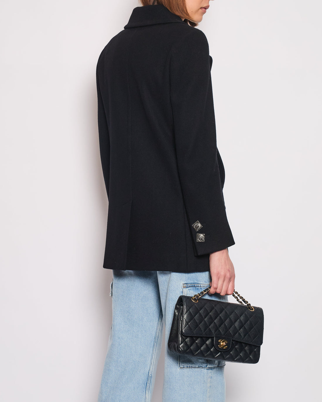 Pearl Street Bags Chanel Black Wool Coat with Square Ruthenium CC Logo Buttons Size FR 34 (UK 6)