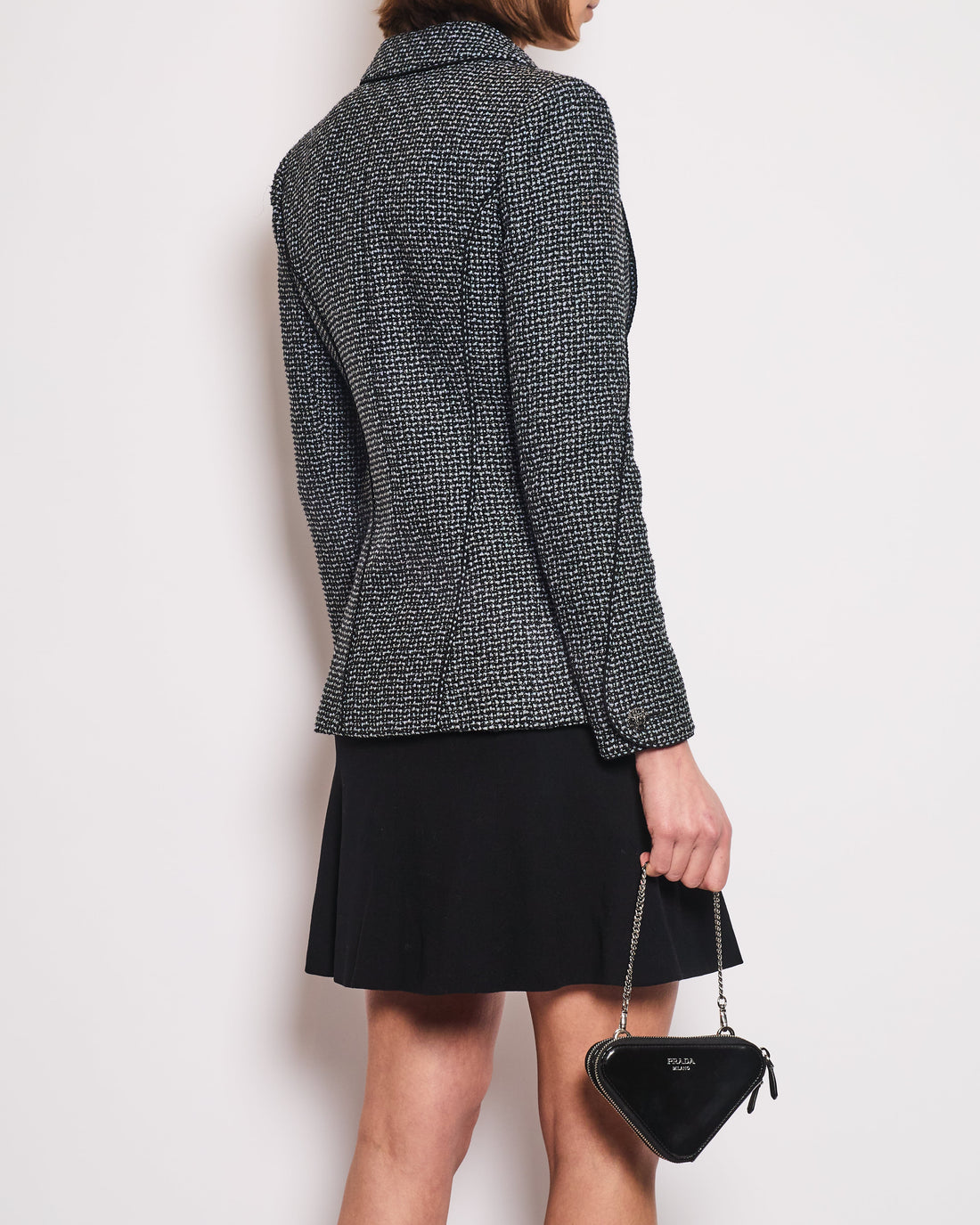Pearl Street Bags Chanel Black & Grey Metallic Tweed Curved Hem Jacket with Ruthenium CC Button Detail FR 36 (UK 8)