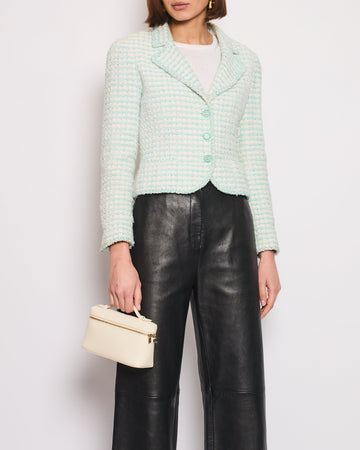 Pearl Street Bags Chanel  97P Light Blue & White Stripe Tweed Short Blazer with Blue & Gold CC Button Detail Size FR 38 (UK 10)