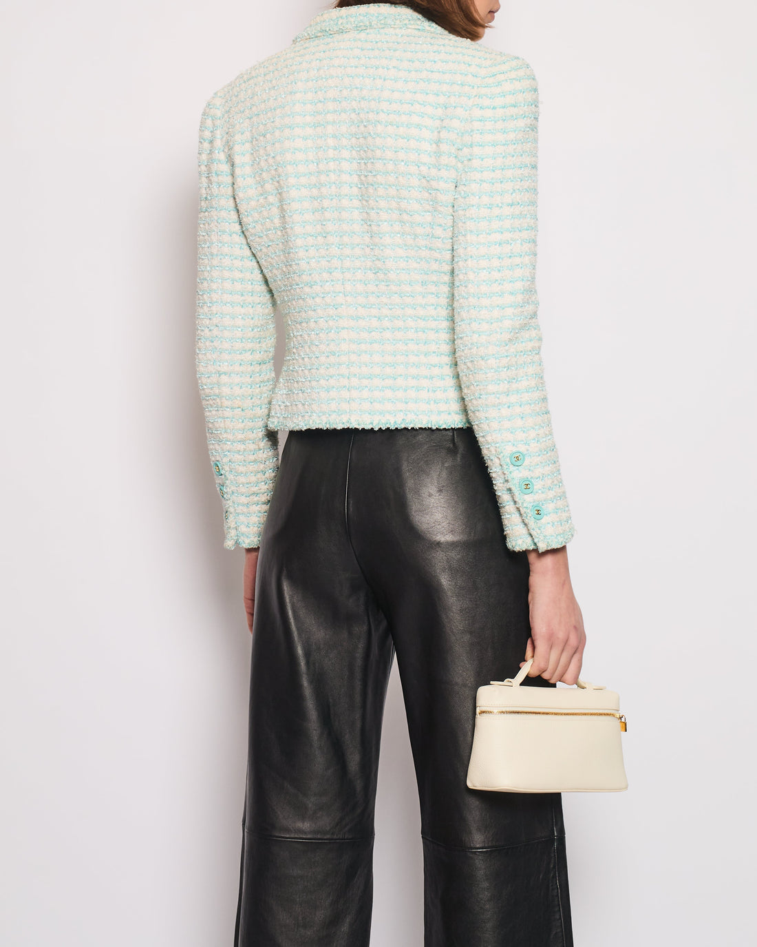 Chanel  97P Light Blue & White Stripe Tweed Short Blazer with Blue & Gold CC Button Detail Size FR 38 (UK 10)