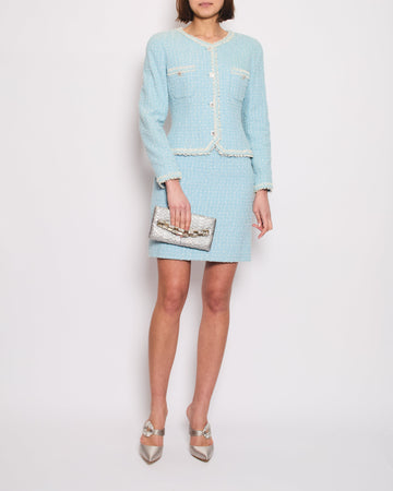 Pearl Street Bags Chanel 97P Baby Blue & White Tweed Blazer and Mini Skirt Set with White Pearl CC Button Detail Size FR 40 (UK 12)
