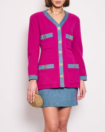 Pearl Street Bags Chanel Fuchsia Pink Tweed Longline Blazer and Mini Skirt Set with Denim Trim & Gold Logo Button Detail Size FR 40 (UK 12)