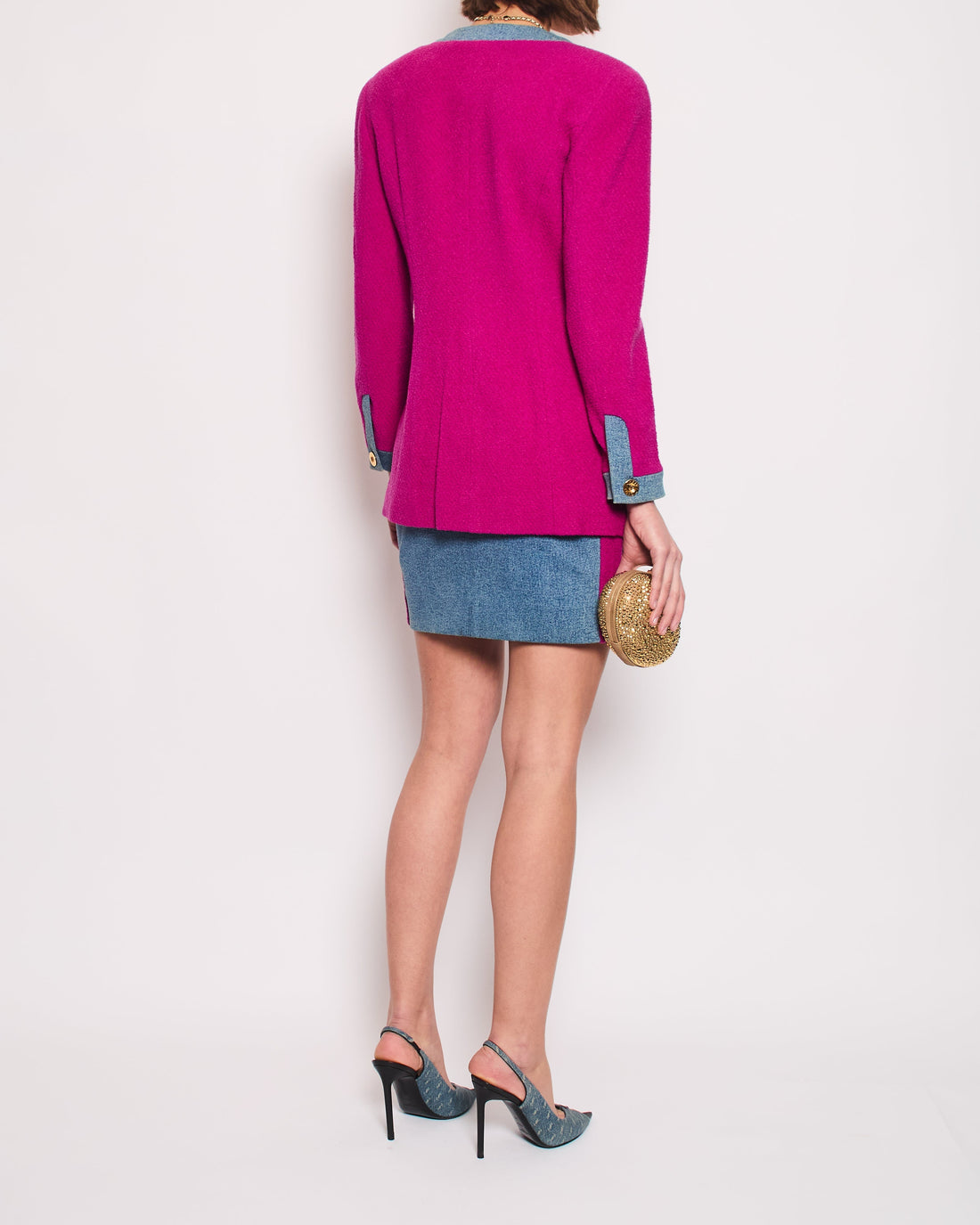 Pearl Street Bags Chanel Fuchsia Pink Tweed Longline Blazer and Mini Skirt Set with Denim Trim & Gold Logo Button Detail Size FR 40 (UK 12)