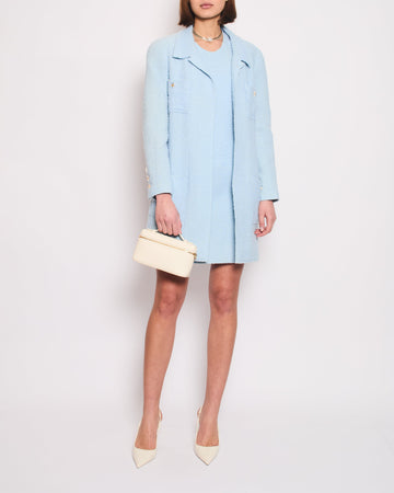 Pearl Street Bags Chanel 97C Light Blue Tweed Longline Blazer and Midi Dress Set with Perspex & Gold CC Button Detail Size FR 40 (UK 12)