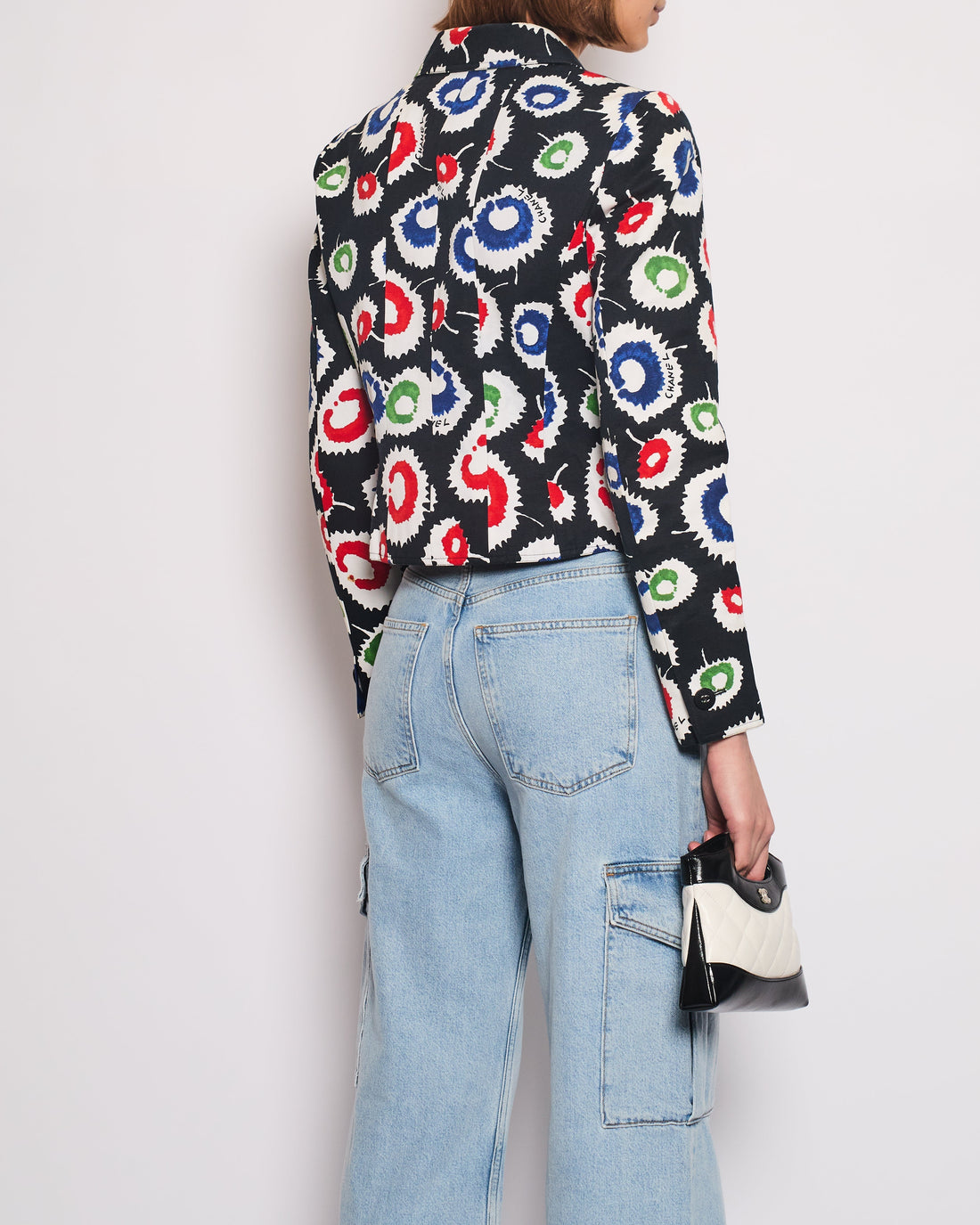 Pearl Street Bags Chanel 97S Black Cropped Cotton Twill Jacket With Multi-Colour Abstract Print Detail FR 42 (UK 14)