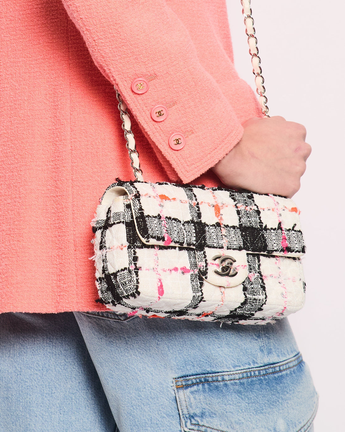 *HOT* Pearl Street Bags Chanel White Tweed Mini Rectangular Single Flap Bag with Black & White Details and Silver Hardware