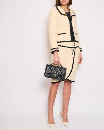 Pearl Street Bags Chanel Metallic Cream Tweed Blazer Jacket and Midi Skirt Set With Black Tweed Trim and Black CC Logo Detail Buttons Size FR 38 (UK 10)