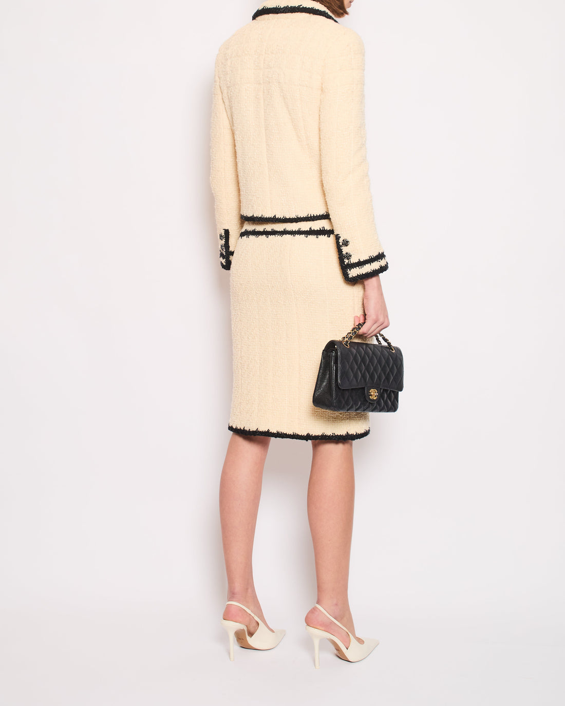 Pearl Street Bags Chanel Metallic Cream Tweed Blazer Jacket and Midi Skirt Set With Black Tweed Trim and Black CC Logo Detail Buttons Size FR 38 (UK 10)