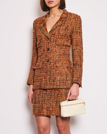 *HOT* Chanel 98A  Burnt Orange & Multicolour Tweed Long Jacket and Skirt Set with Brown CC Logo Buttons Size FR 36 (UK 8)