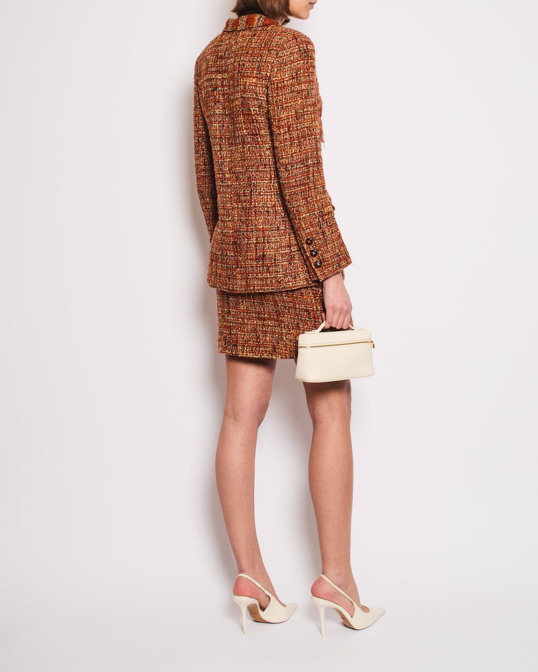 *HOT* Pearl Street Bags Chanel 98A  Burnt Orange & Multicolour Tweed Long Jacket and Skirt Set with Brown CC Logo Buttons Size FR 36 (UK 8)