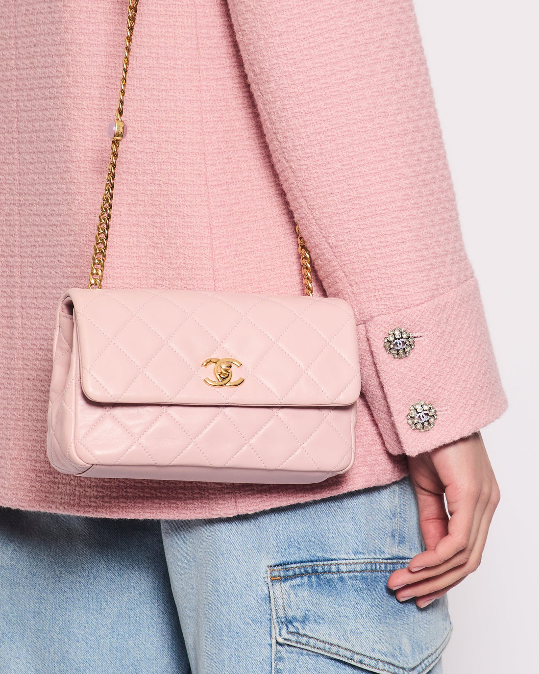 Pearl Street Bags Chanel Baby Pink Mini Flap Bag with Pastel Embellished Chain Detail in Lambskin Leather and Gold Hardware