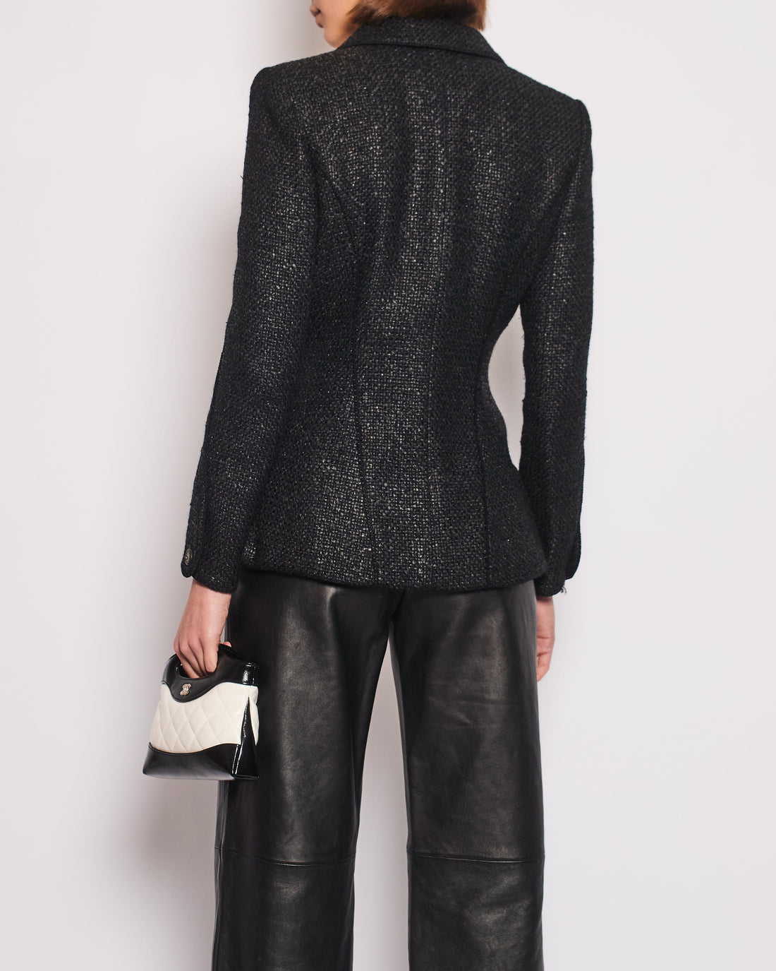 Pearl Street Bags Chanel Black Coated Tweed Curved Hem Jacket with Silver CC Button Detail FR 36 (UK 8)