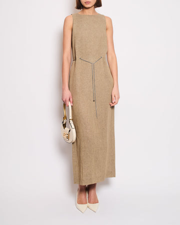 Pearl Street Bags Chanel 08P Beige Sleeveless Linen Maxi Dress with Silver CC Logo Chain Detail FR 40 (UK 12)