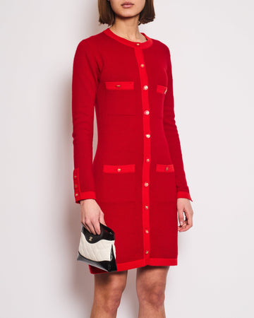 *HOT* Pearl Street Bags Chanel Red Long Sleeve Knit Mini Dress with Multi Icon Logo Button Details FR 38 (UK 10)