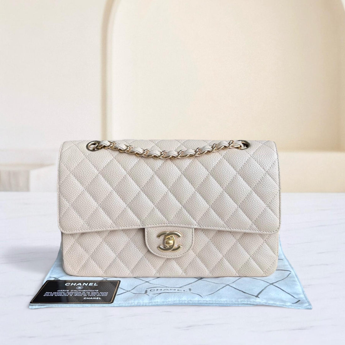 Chanel Classic Flap Medium - Togo/epsom/caviar/clemence/callfskin/cowhide/lambskin 25CM Quilted Grained CalBNkin Beige Gold Hardware Series 16