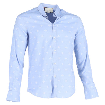 Gucci Bee Print Long Sleeve Shirt in Blue Cotton