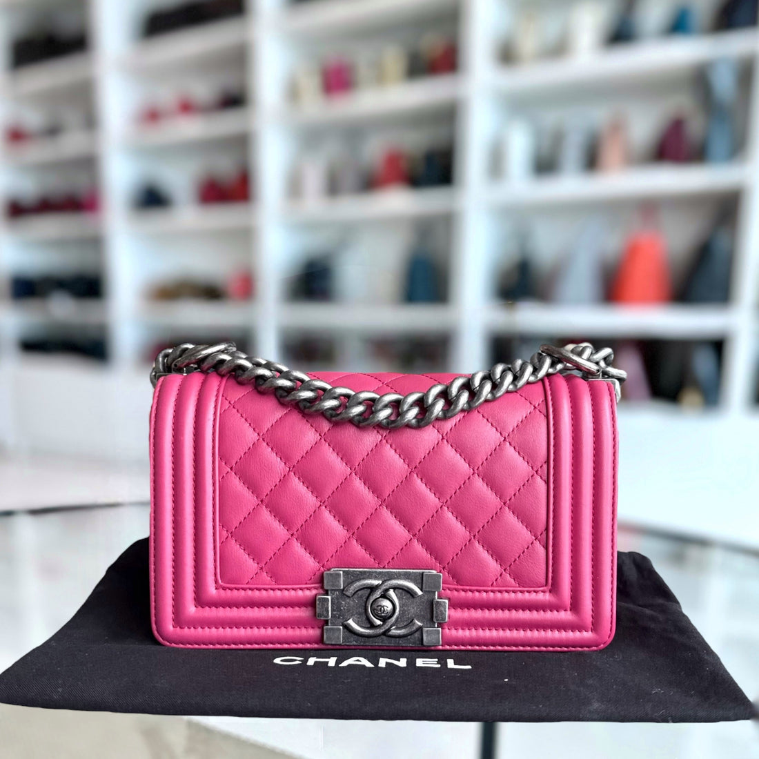 Chanel Boy Small - 20CM Quilted CalBNkin Hot Pink Ruthenium Silver Hardware Series 26