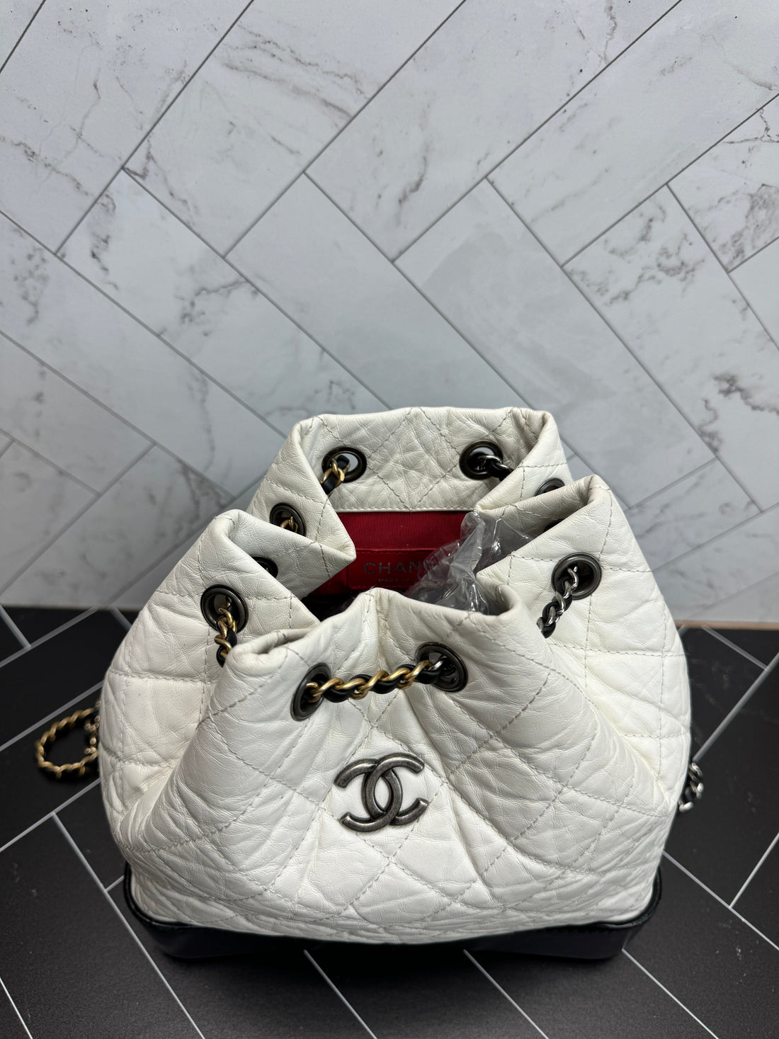 Chanel Gabrielle White CalBNkin Leather 2 tone Backpack