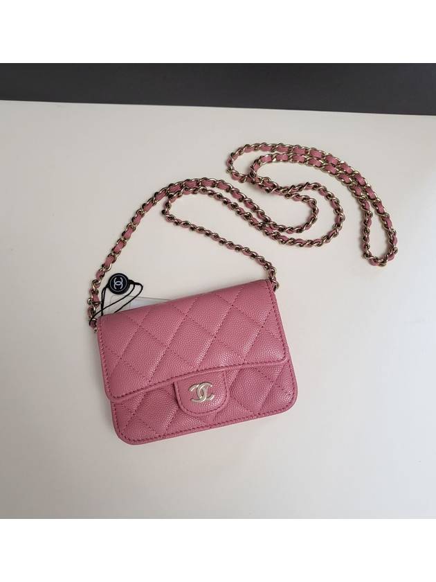 Classic Chain Grained CalBNkin Flap Card Wallet Pink Chanel