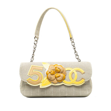 Chanel Cocono mark Chocolate Bar Camellia Chain Shoulder Bag Beige Yellow Canvas  Leather Lady CHANEL