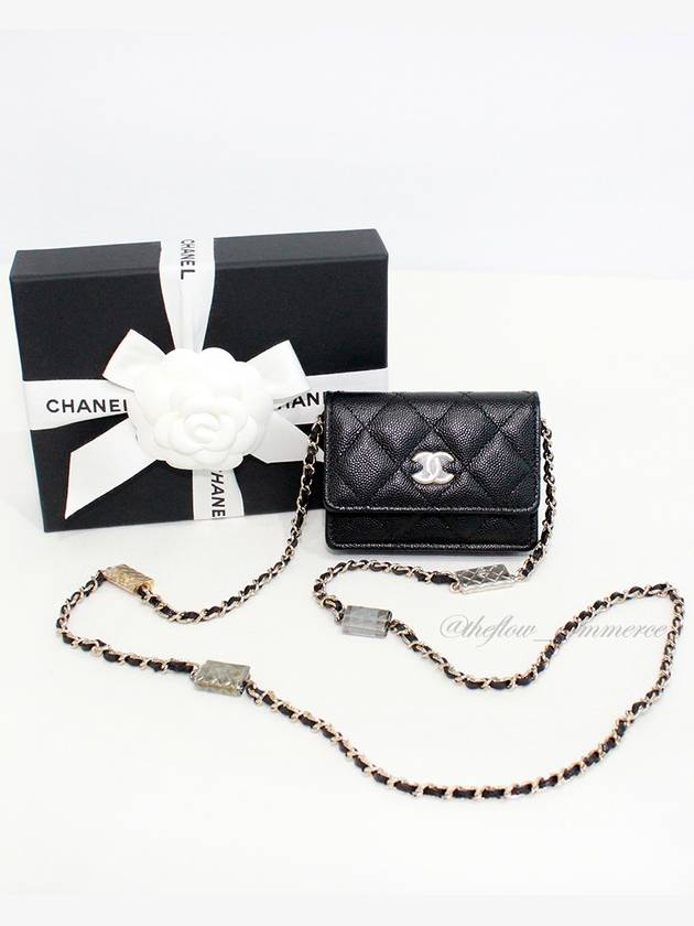 CC Logo Flap Chain Calfskin Card Wallet Black Chanel