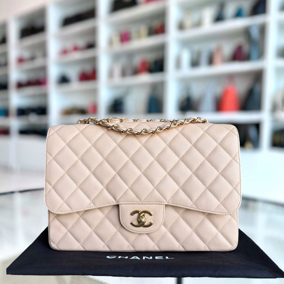 Chanel Classic Flap Jumbo - Togo/epsom/caviar/clemence/callfskin/cowhide/lambskin 30CM Single Flap Quilted Beige Gold Hardware Series 14