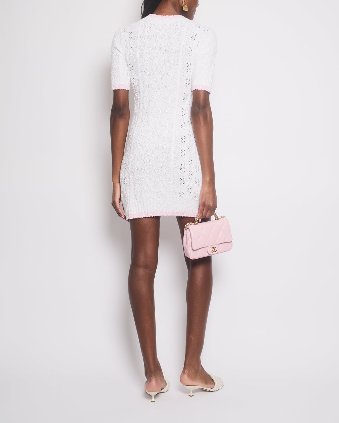*HOT* Pearl Street Bags Chanel 24P Cream Short Sleeve Knitted Mini Dress with CC Logo Buttons and Pink Hem Details Size FR 36 (UK 8)